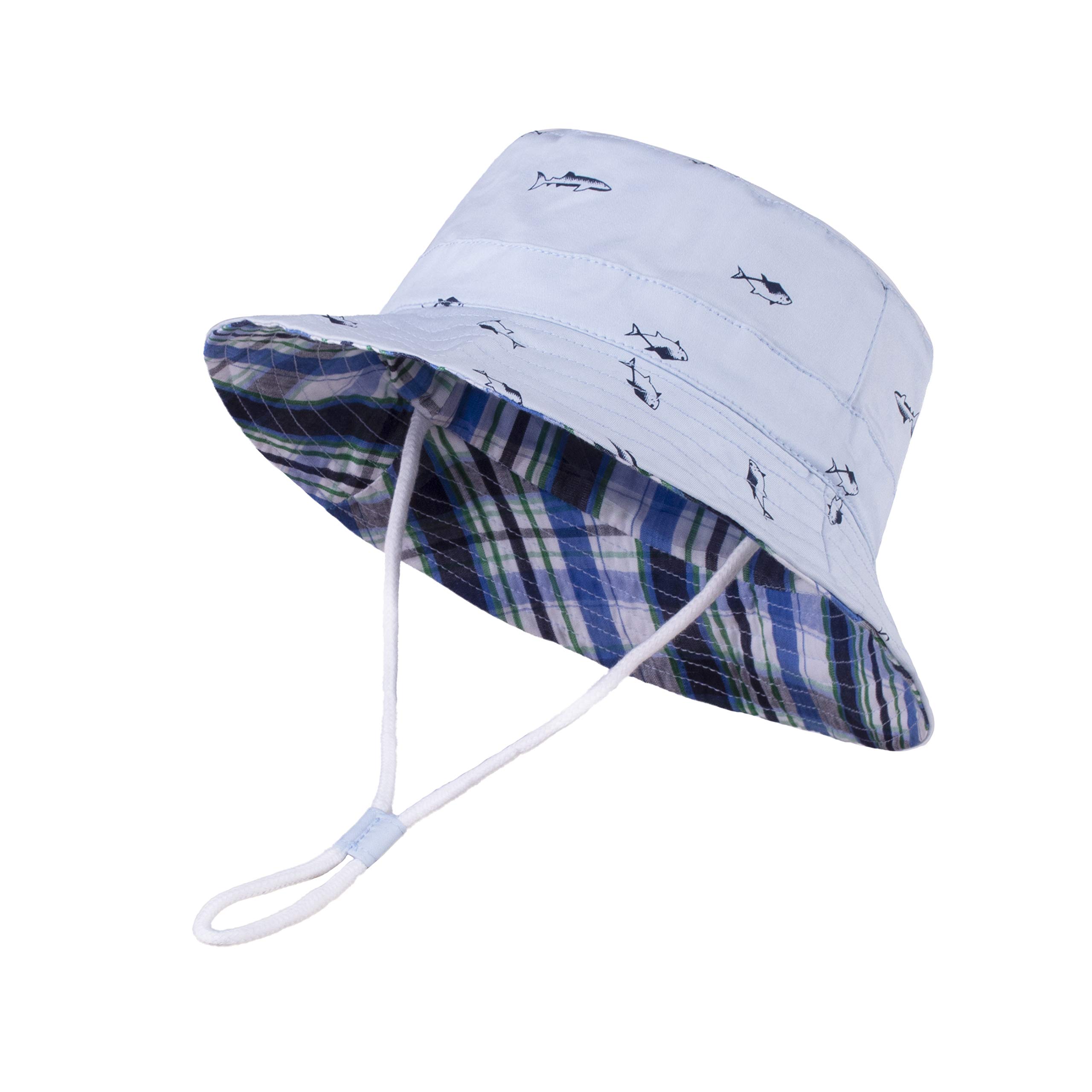 LANGZHEN Sun Protection Hat for Kids Toddler Boys Girls Wide Brim Summer Play Hat Cotton Baby Bucket Hat with Chin Strap - Blue - 6-12 Months