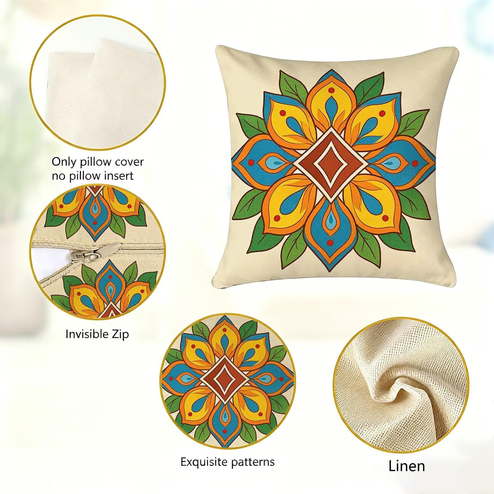 Giallo Federe Cuscini Divano 50x50cm, Cuscini da Esterno Set de 4, Cod-118 | Lin Copricuscini Decorativi Letto Arredo, per Letto, Soggiorno, Giardino, Esterno, Casa Decorazione Set di 4 Retro