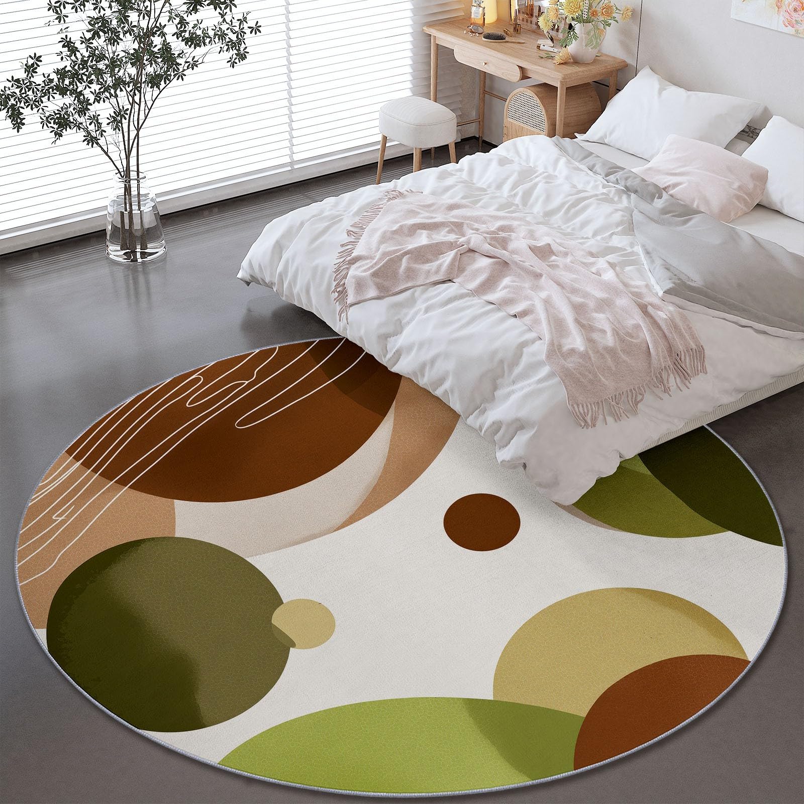 Weiß Runder Teppiche Wohnzimmer 100 cm, Waschbar & Rutschfester Weicher Kurzflor Teppich Schlafzimme, Minimalistisch Geometrisch Linie Kreis Teppich Rund für Kinderzimmer, Esszimmer, Büro