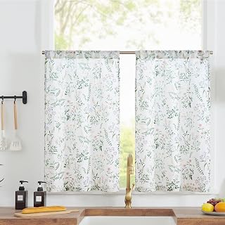 TOPICK Cortina de Cocina con Patrones Floral-Botánicos con Bolsillo para Varilla Translúcido Lino Aptas para Cocina Estilos Rurales Rústicos Retro y de Granja Verde Juego de 2 Unidades 65 x 115 cm