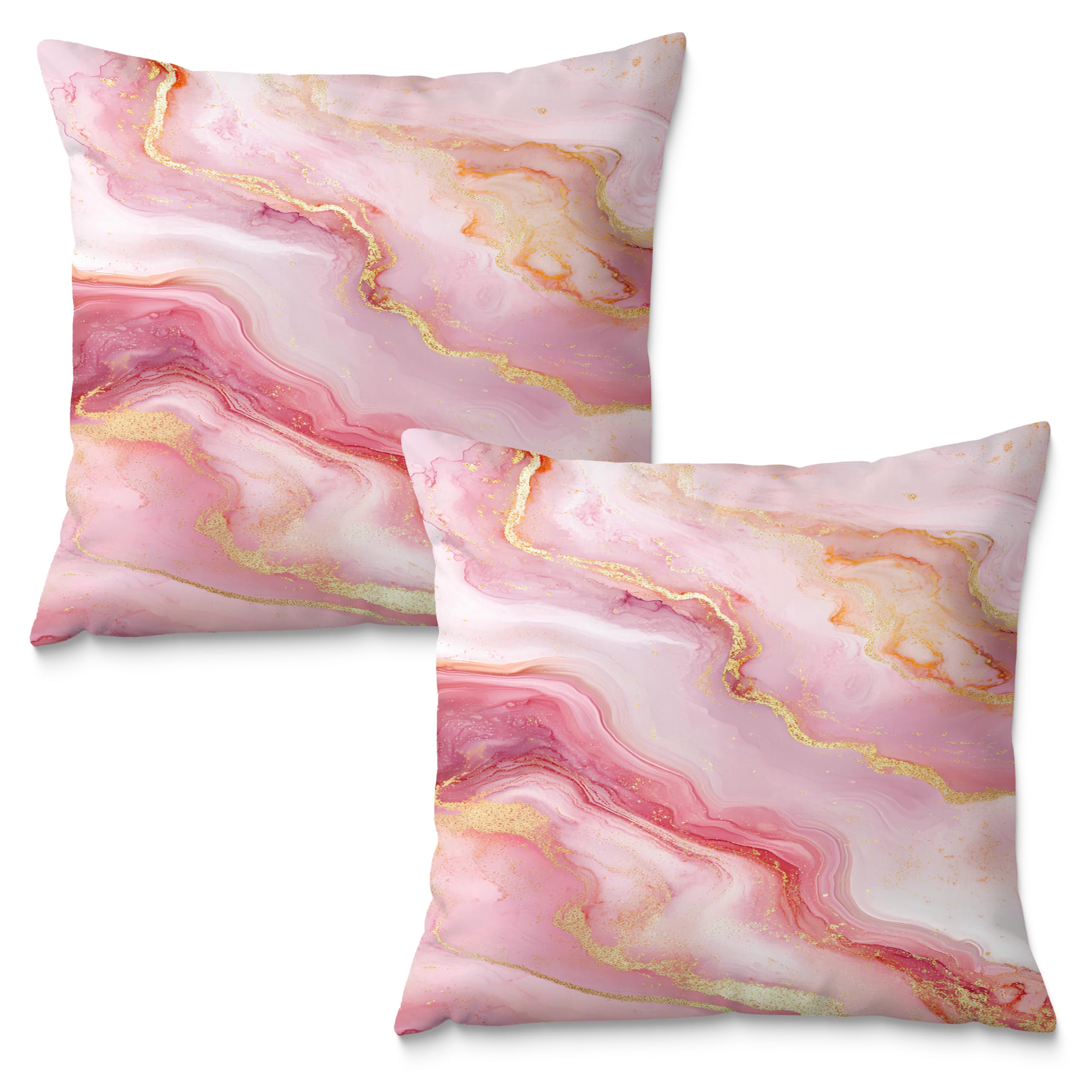 Fuasei Luxury Gradual Pink and Gold Marble Pillow Covers 18x18 Set of 2, Modern Abstract Pillow Covers Room Decor, Gold and Pink Marble Textured Decor