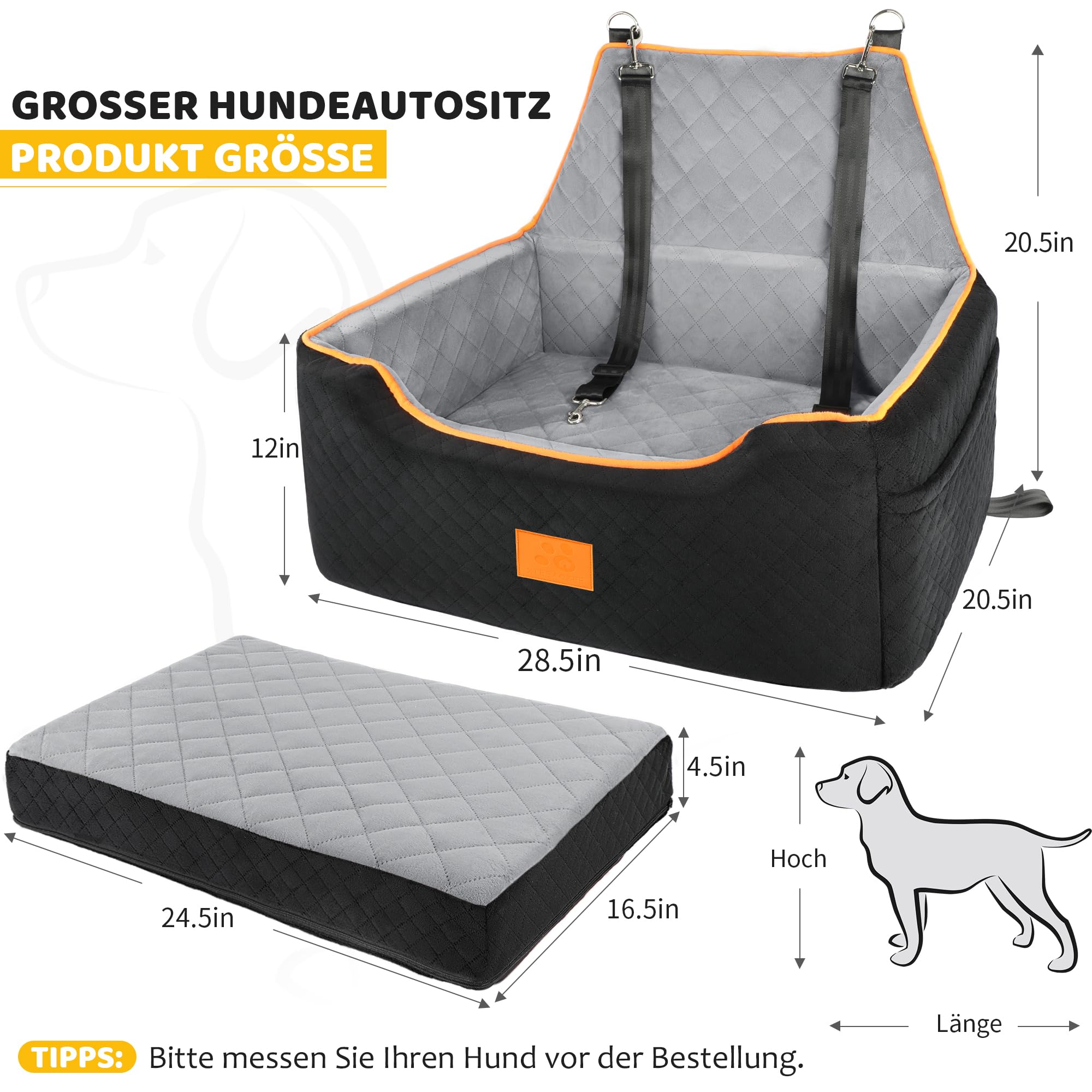GL GLENSLAVE Hundesitz für große/mittlere Hund,Hundeerhöhungssitz für Hunde unter 25kg oder 2 kleine Hunde, abnehmbar und waschbar Hundesitz mit dicken Kissen und Aufbewahrungstaschen (schwarz/grau)