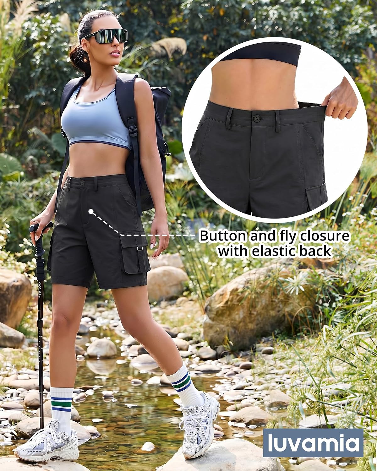 luvamia Cargo Shorts Women High Waisted Casual Elastic Waist 7" Inseam Mid Thigh Hiking Golf Shorts with Utility Pockets