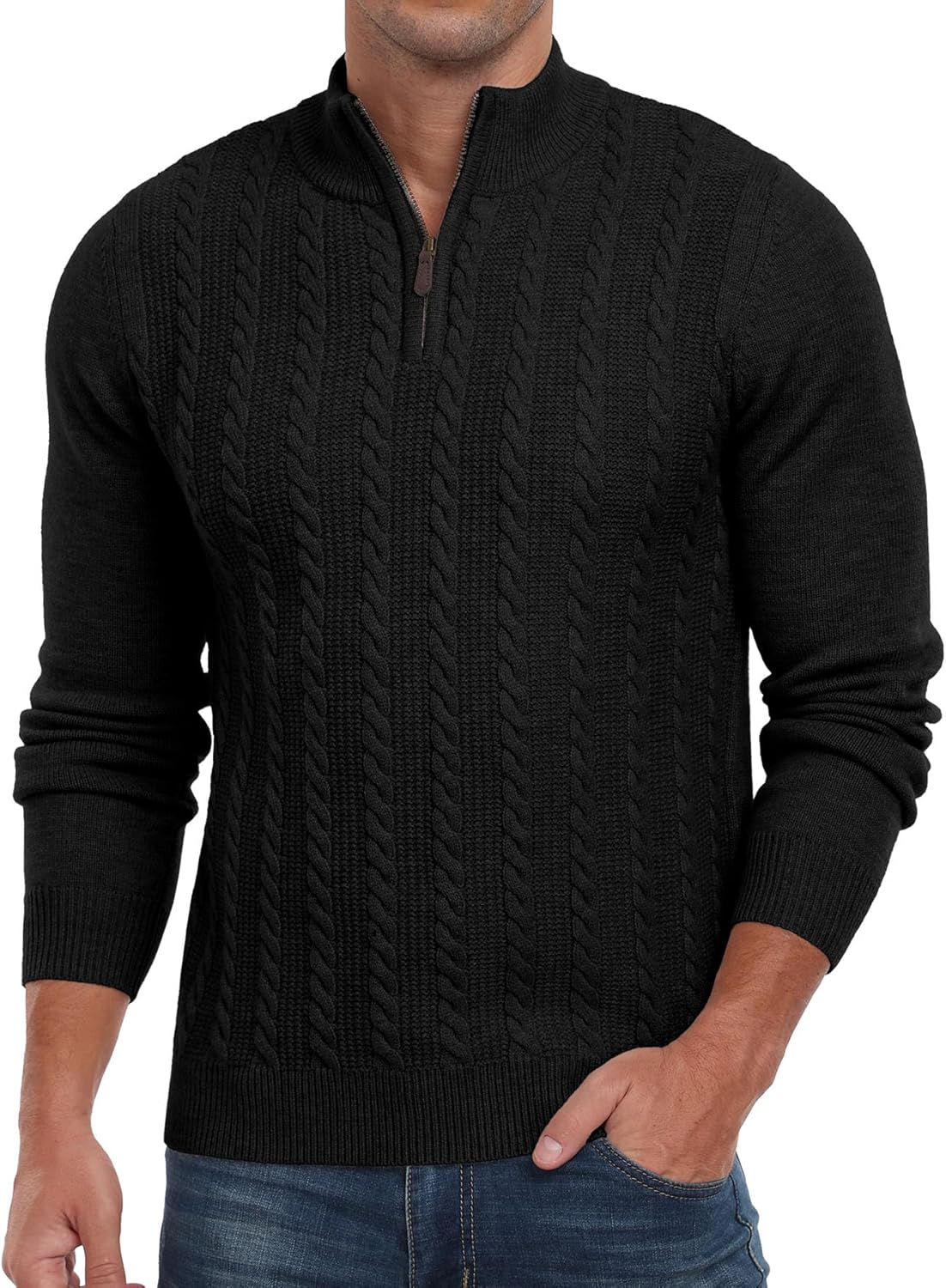 Askdeer Men's Quarter Zip Sweater Cable Knit Mock Turtleneck Sweater Long Sleeve Soft Casual Pullover Sweater - Image 4