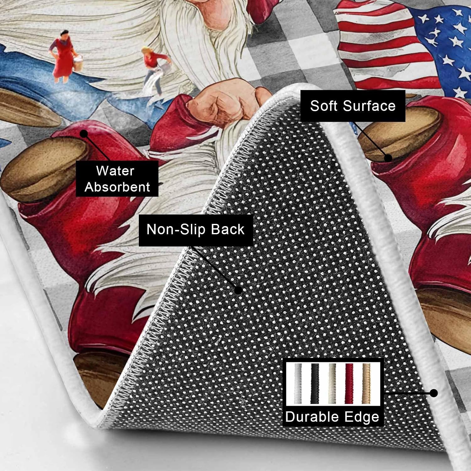 Prime Leader Independence Day Kitchen Mat Set 2 Pieces Patriotic Gnomes USA Flag Black Plaid Non Slip Kitchen Rugs Washable Runner Rug Mats for Sink Laundry (19.7" x 31.5"+19.7" x 47.2")
