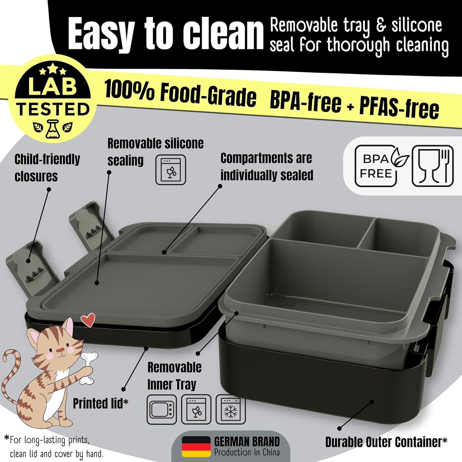 BEARFOOT Kids Lunch Box with Compartments – Compact & Lightweight | Leak-Proof, BPA-Free, Dishwasher Safe | Hand-Drawn Design for Preschool, School, Travel (Black, 2.75 Cups)