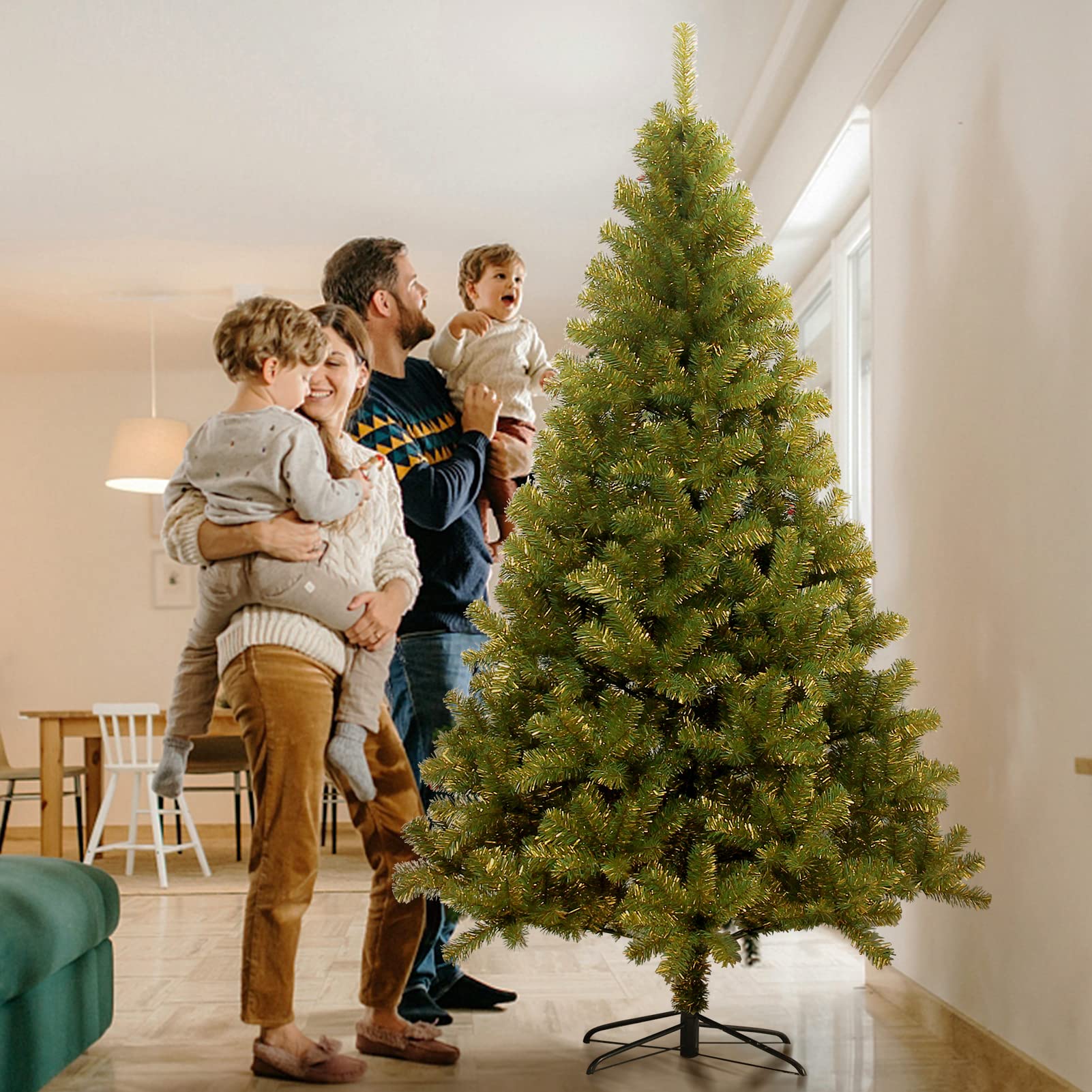 Super Holiday 7 Foot Artificial Christmas Tree, Unlit Premium Hinged Spruce Green/Golden Xmas Tree with Solid Metal Stand, Unlit Christmas Tree for Home, Office, Shops, and Hotels, 7 Foot