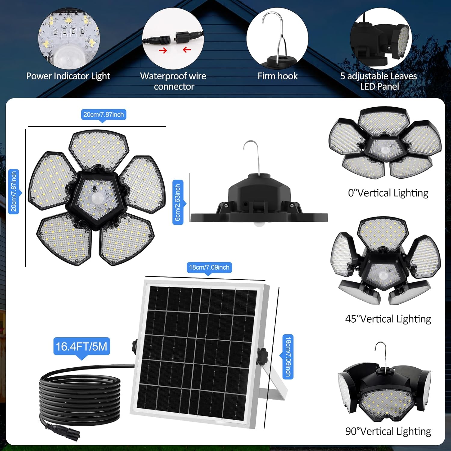 Solar Shed Light Motion Sensor Lights Outdoor IP65 Waterproof with Remote Control, Solar Powered Pendant Light Indoor with 5+1 Panels for Garden, Gazebo, Chicken Coop, Patio, Balcony, Barn