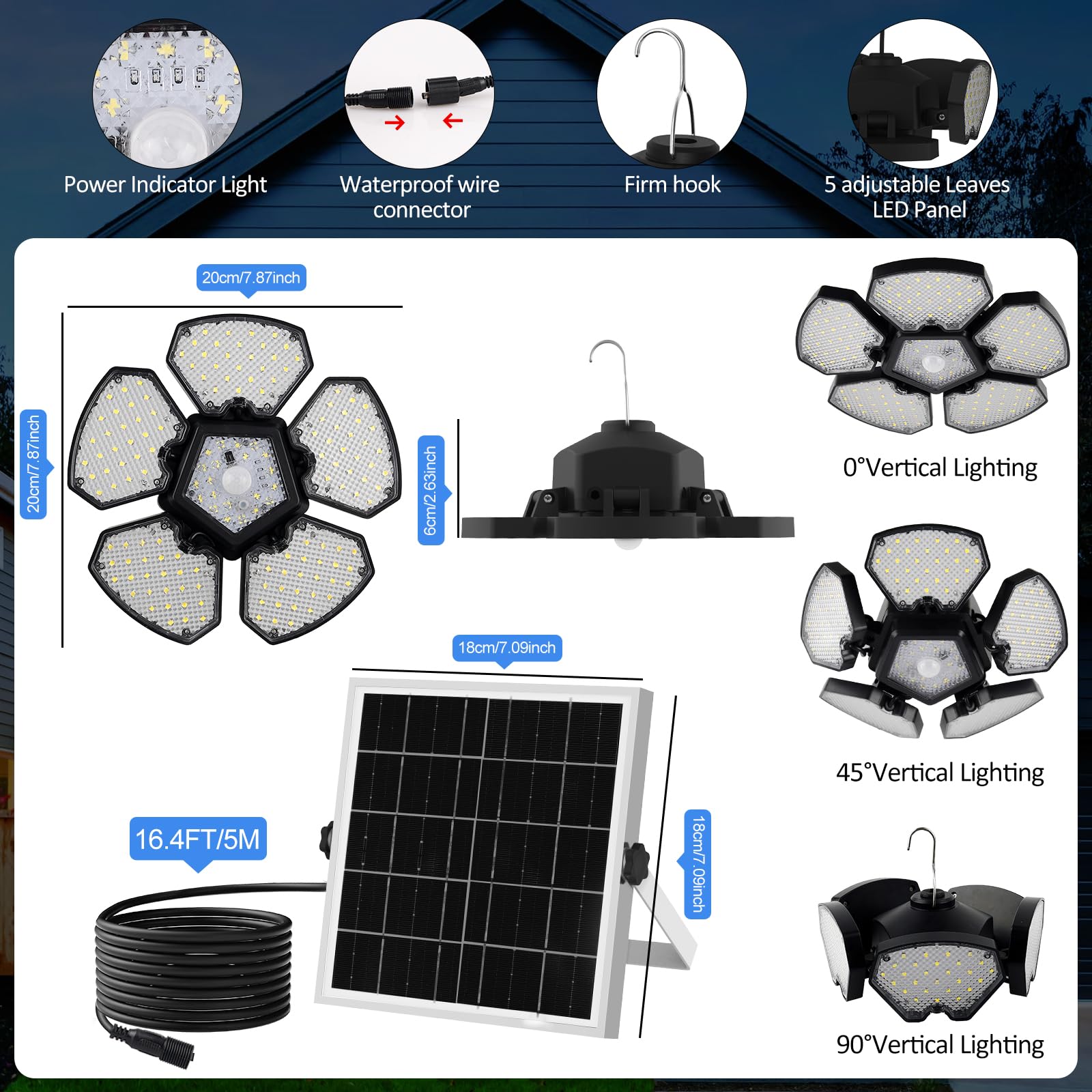 Luce solare per capanno con sensore di movimento, luce per interni con telecomando, 156 LED più luminosi, 5+1 foglie, giorno o notte, impermeabile IP65, per giardino, patio, balcone, fienile, cortile