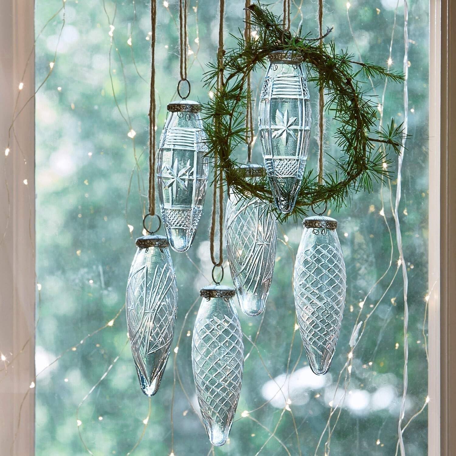 Loberon Loulay Lot de 6 décorations de Noël - Subtils Motifs gravés étoiles et vrilles - en Verre délicat, Transparent