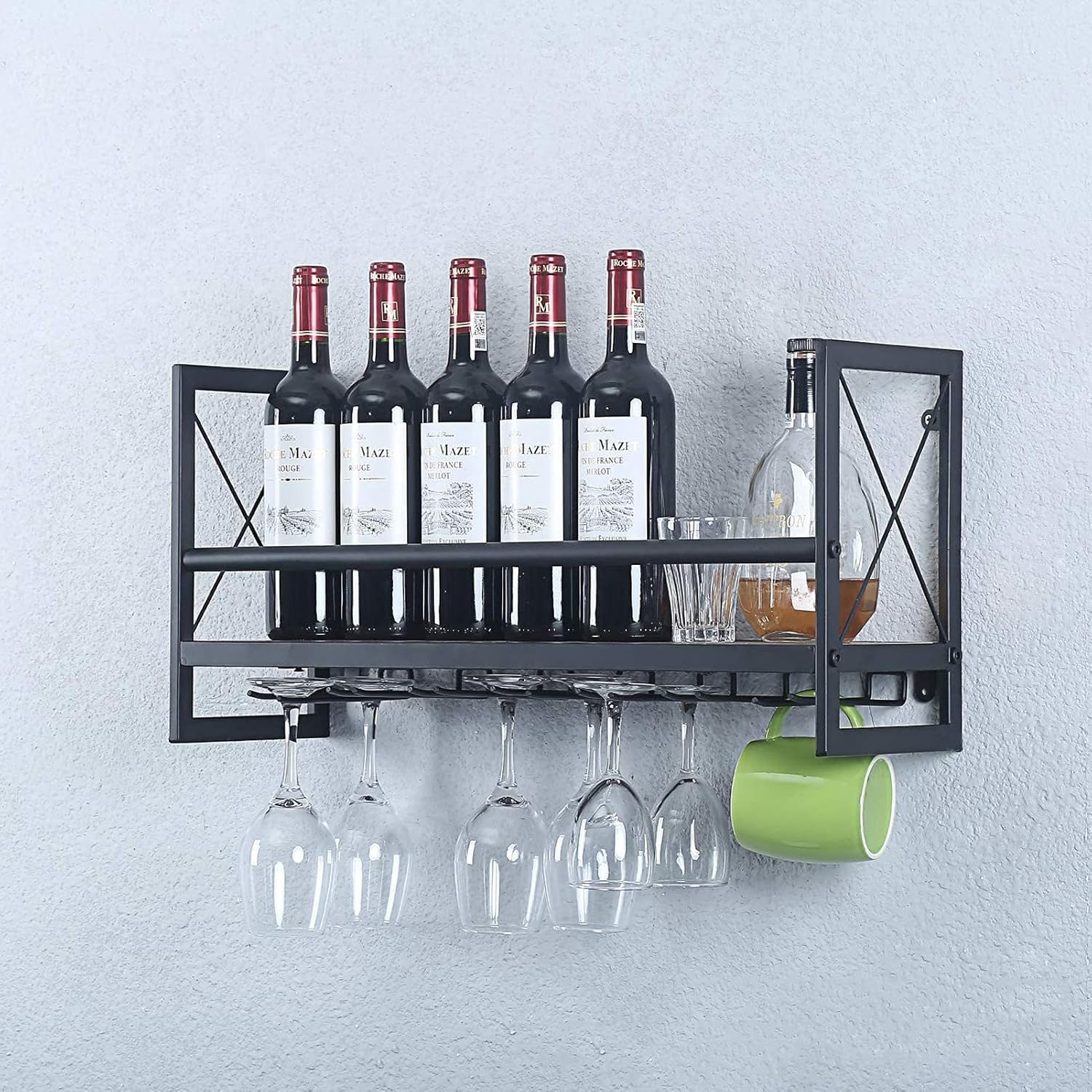 Wall Mounted Wine Rack, Metal and Wooden Wine Shelf with Glass Holder Bottle Champagne Goblets Stemware Rack Holders Floating Hanging Rustic Wine Holder for Kitchen, Home - 60Cm