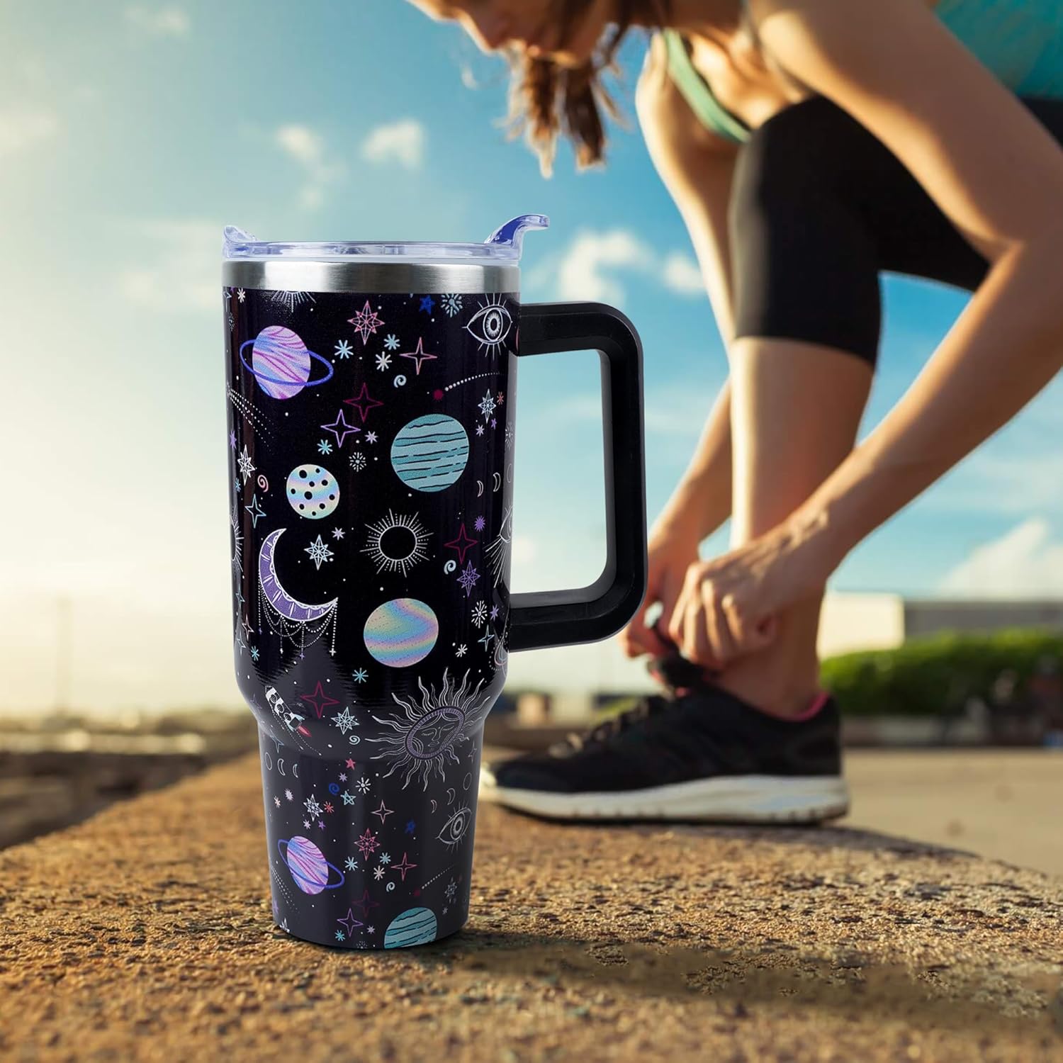 40 oz Goth Moon Tumbler with Handle and Straw, Black Gothic Travel Mug Water Bottle, Stainless Steel Insulated Cup with Lid and Straw, Birthday Christmas Halloween Gifts