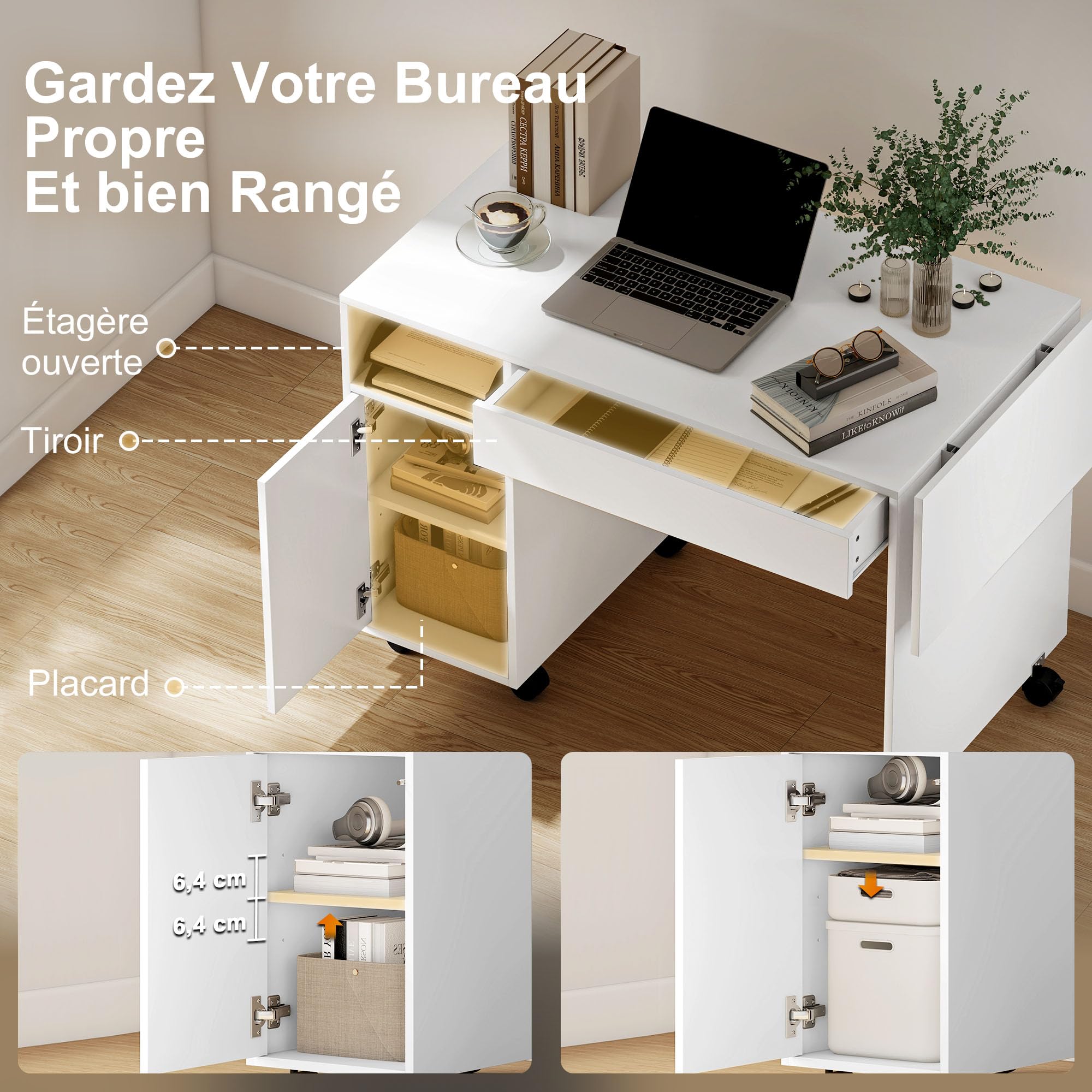 HOMCOM Escritorio Ordenador Plegable móvil sobre Ruedas 130x58cm Blanco | Escritorio con almacenamiento, cajón, estación de trabajo para espacios pequeños, dormitorio, sala de estar