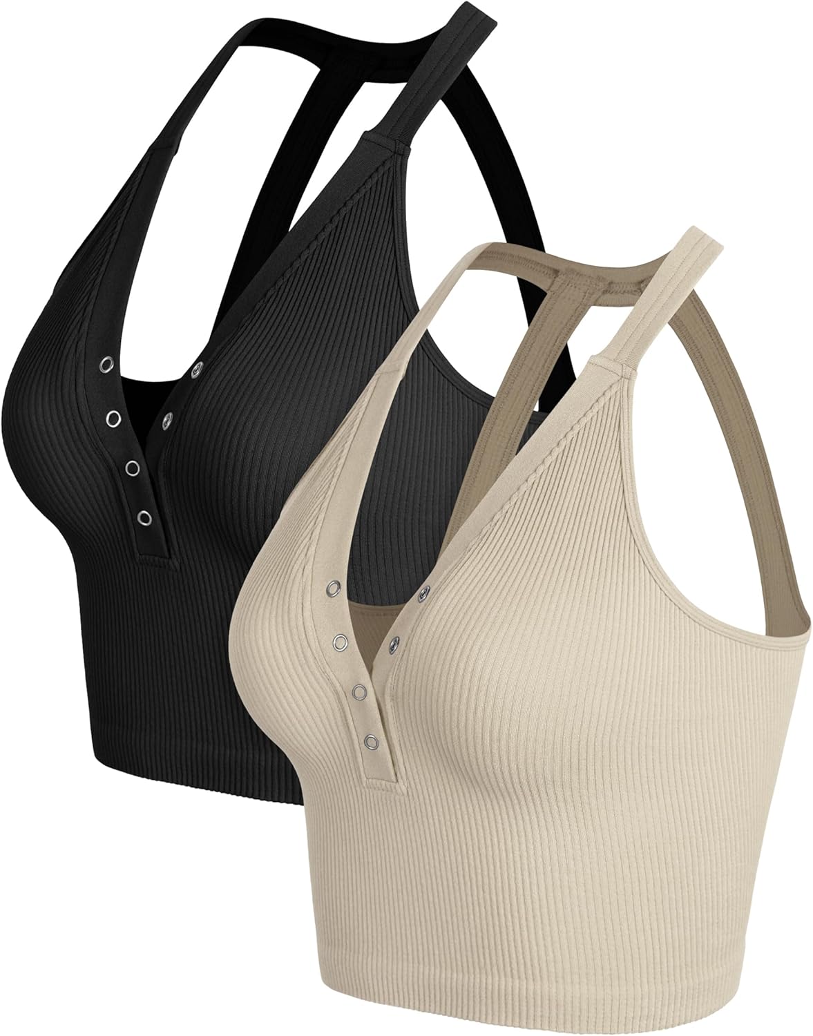ODODOS 2-Pack Seamless Henley Crop for Women Open Back Ribbed Tank Button-up Cropped Top