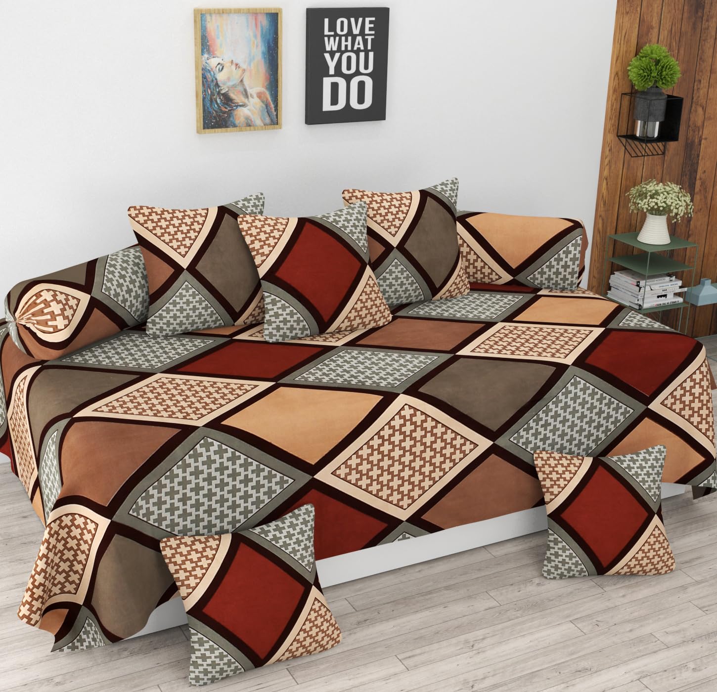 Vaini Heavy Cotton 8 Pieces Diwan Set |1 Single Bedsheet, 2 Bolster Covers, 5 Cushion Covers | - Multi Box-image-47