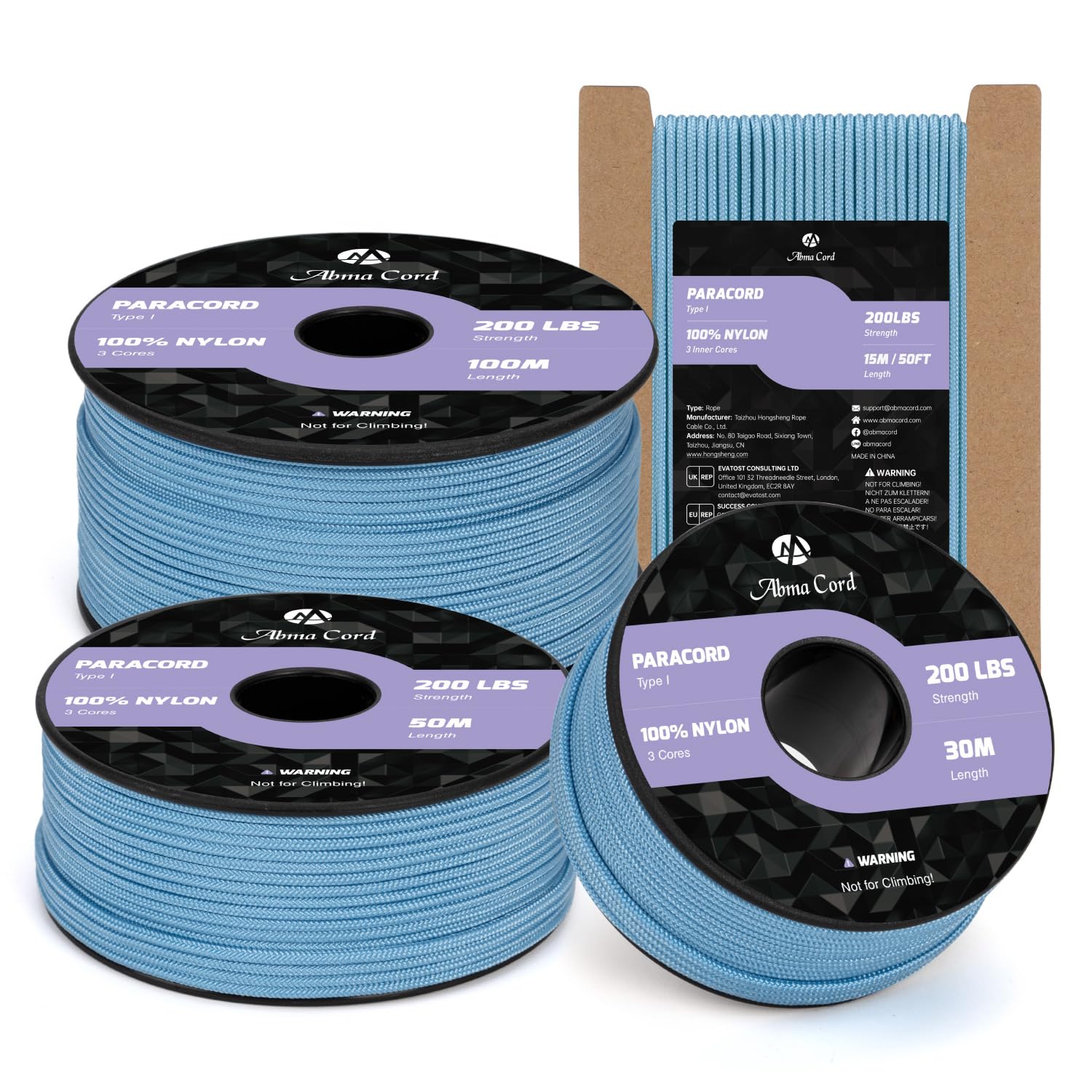 Abma Cord 2mm Paracord 50m Nylon Rope 3 Strands Type I Cord for DIY, Camping, Outdoor - Max. 90kg (200lbs) - Sky Blue