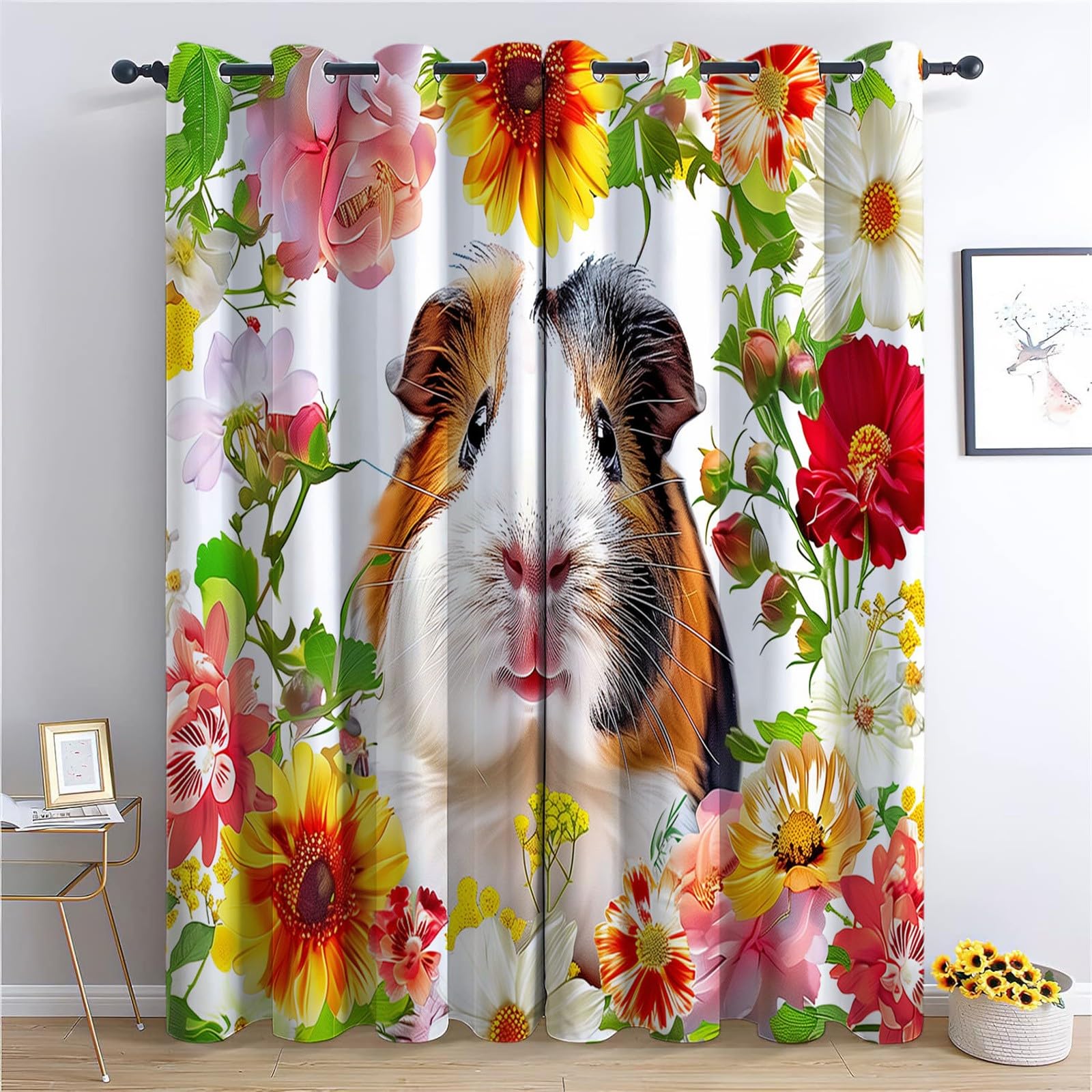 Bunt Vorhänge H214 x B183 cm für Wohnzimmer Schlafzimmer, Cartoon Tier Meerschweinchen Blume Vorhang Blickdicht - Kälteschutz Hitzeschutz Waschbar Gardine mit Ösen für Kinderzimmer Deko