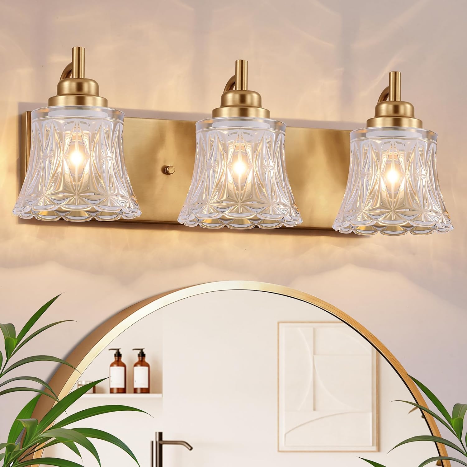 LmnLvn Bathroom Light Fixtures, 3-Light Brushed Gold Vanity Light for Bathroom, Gold Bathroom Lighting Fixture Over Mirror, Antique Brass Finish with Crystal Glass Shades for Bedroom, Living Room