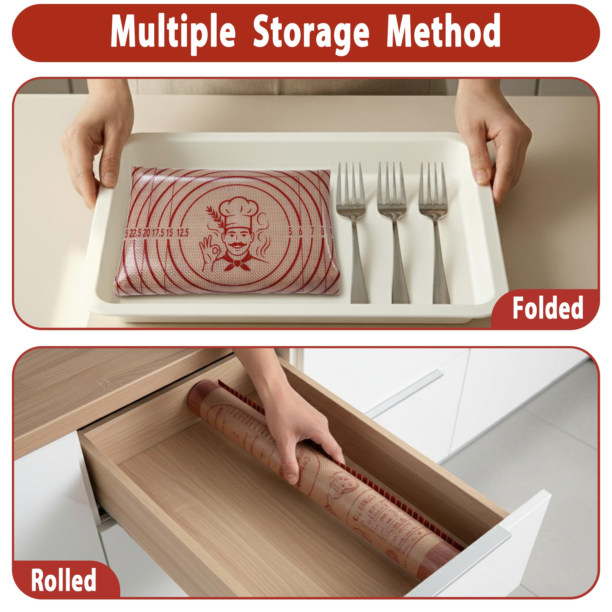 Silikon-Backmatte für Gebäck, Teig, rutschfeste Rollmatte mit Messanleitungen, dickes, wiederverwendbares Knetbrett für Brot, Pizza, Kekse, Fondant, Antihaft-Backblech für Küchentheke, 50,8 x 71,1 cm