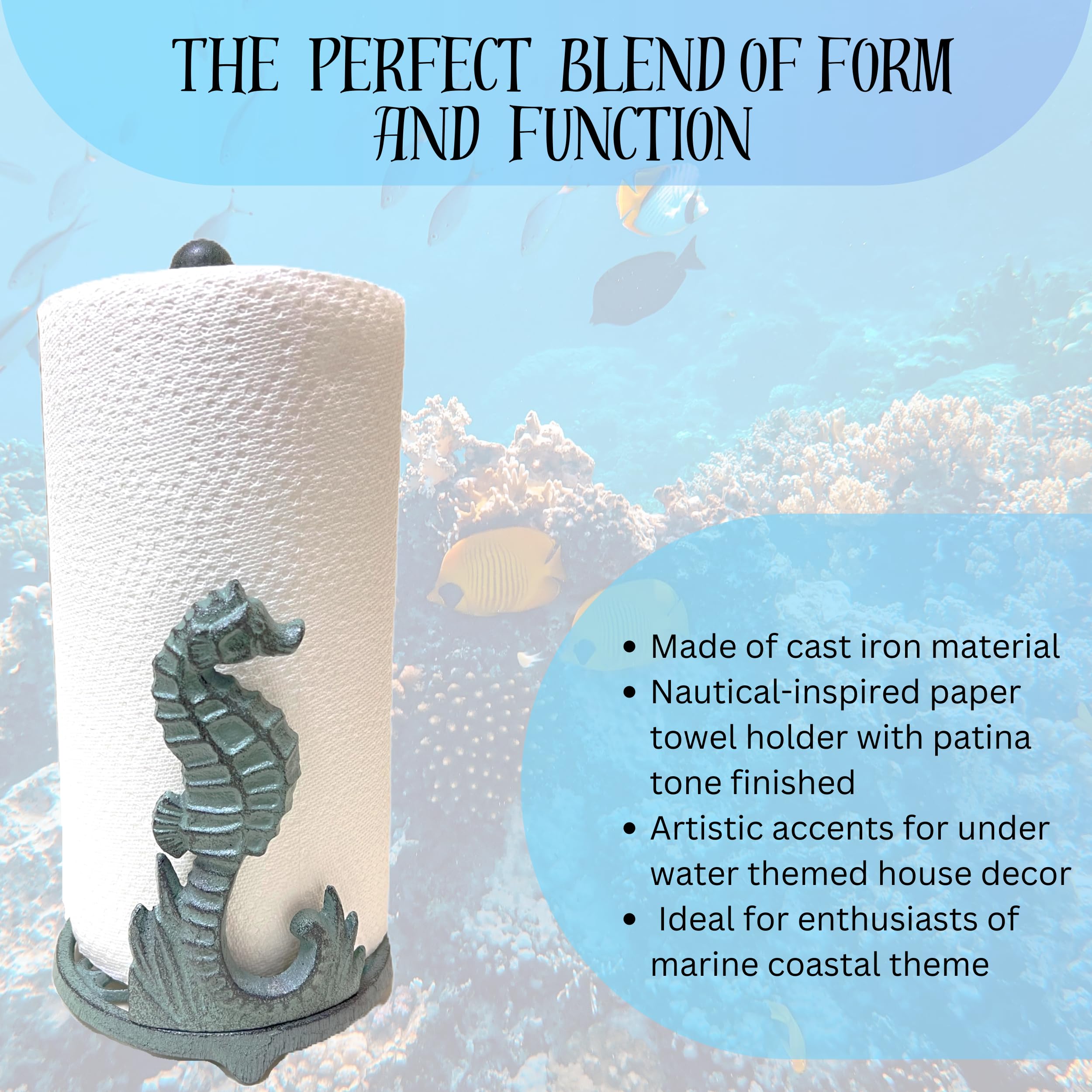 BestGiftEver Seahorse Paper Towel Holder - Coastal Kitchen & Dining Decor with Rustic Patina, Nautical Freestanding Design in Beach House Style for Sea Animal Lover