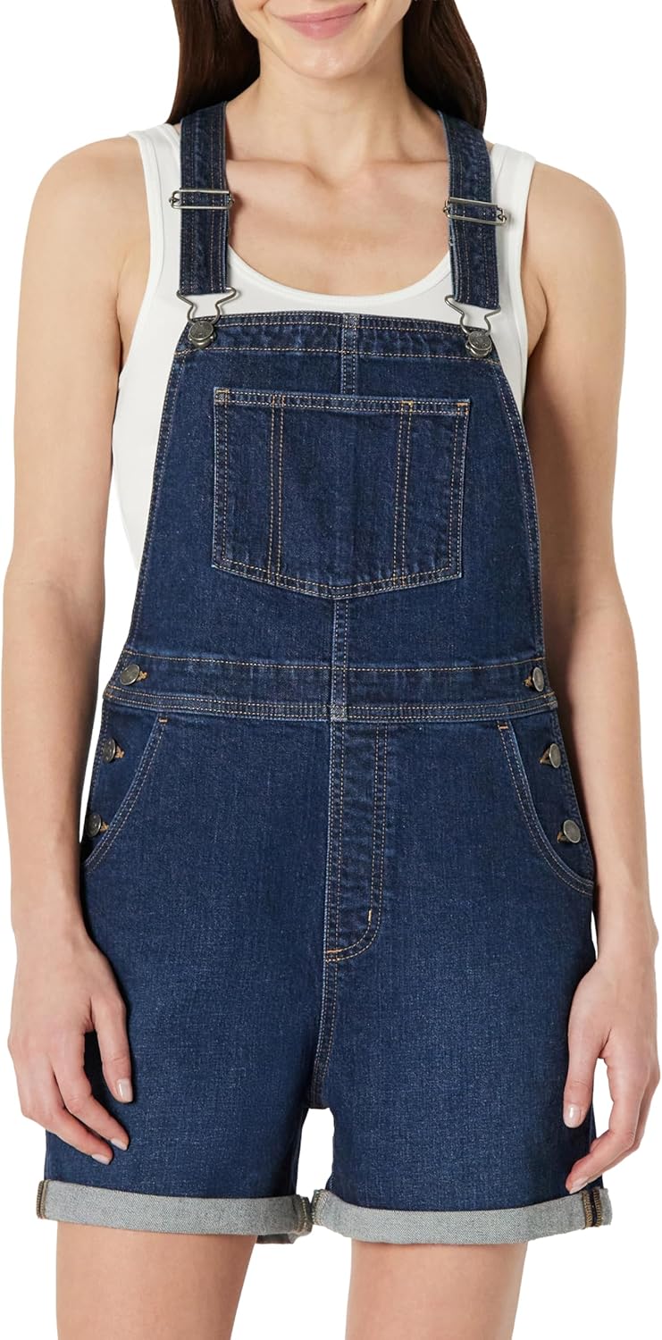 Amazon Essentials Women's Women's Medium Stretch Relaxed-Fit Denim Short Overalls with Adjustable Straps