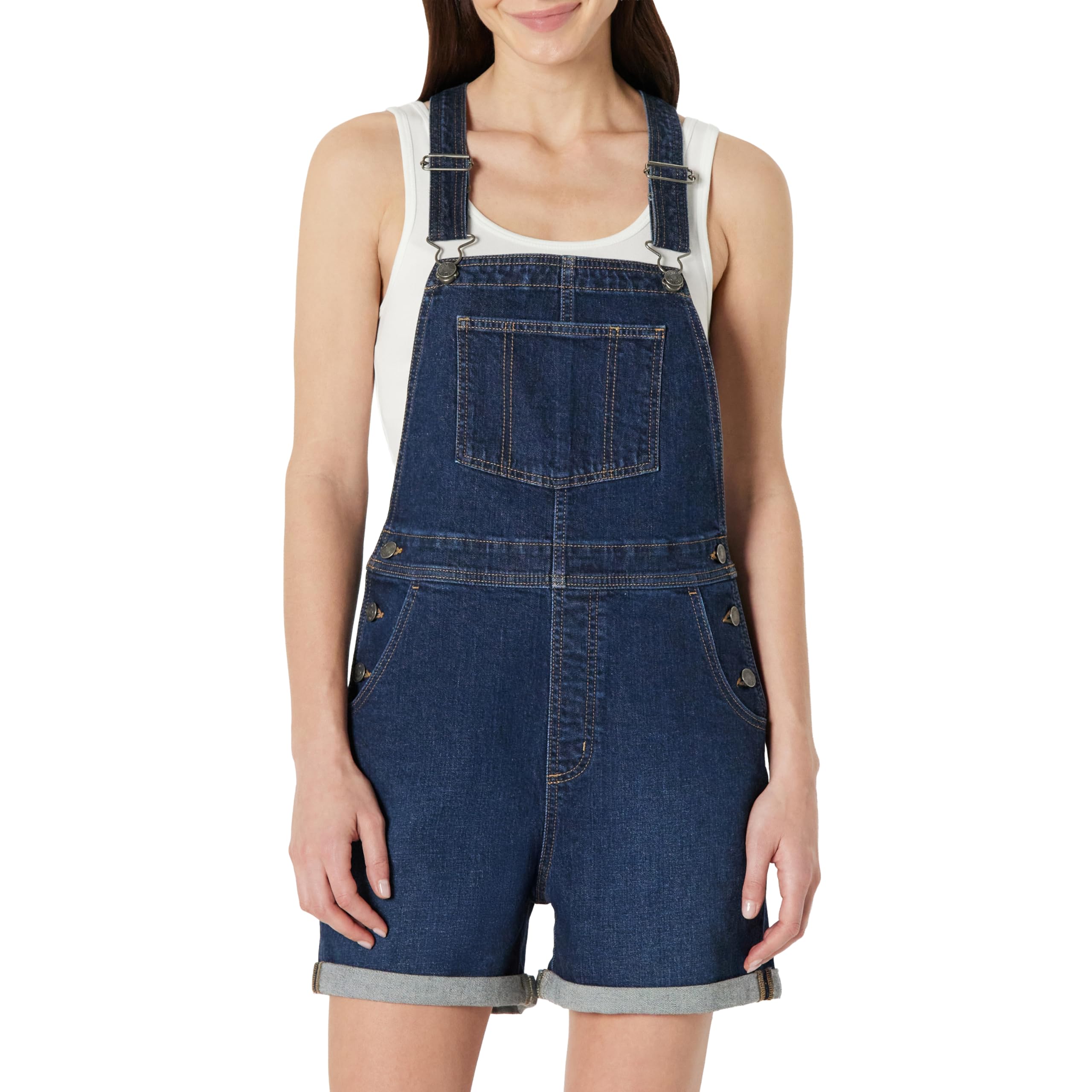 Amazon Essentials Damen Kurze Relaxed-Fit-Denim-Latzhose mit Mittlerem Stretchanteil