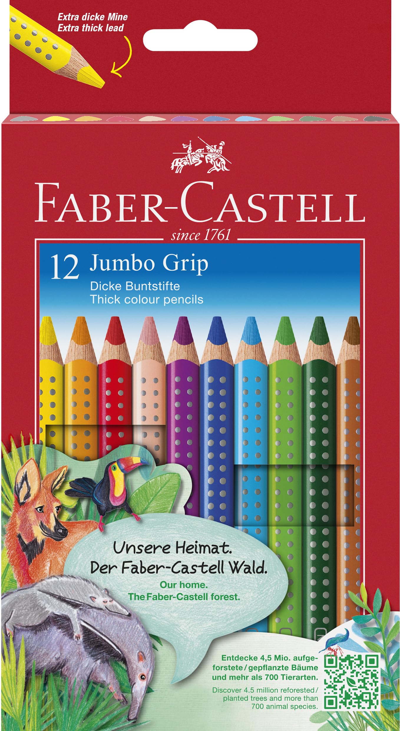 FABER-CASTELL - Buntstifte Set Jumbo Grip 12-teilig | Jumbo Farbstifte für Kinder mit leuchtenden Farben, extra dicker Farbmine und ergonomischer Dreikantform