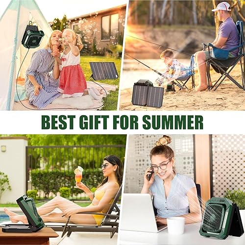 Miniatura 9 de Ventilador de camping portátil de 26800 mAh recargable, ventilador solar 2 en 1 alimentado por batería con panel solar desmontable, rotación de 270