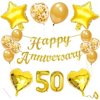 Flyloons 50th Anniversary Decoration Items Gold for Men Women Husband Wife Home Living Room Parent With 10 Pc Confetti Balloons Happy Anniversary Banner 4 Pc Star Heart Set Kit Golden Jubilee