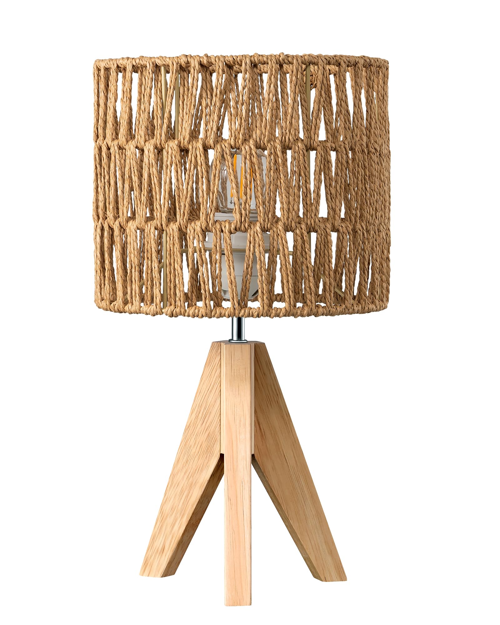 EDISHINE Small Rattan Table Lamp, Rustic Wood Tripod Bedside Lamp, Reticulated Paper Lampshade