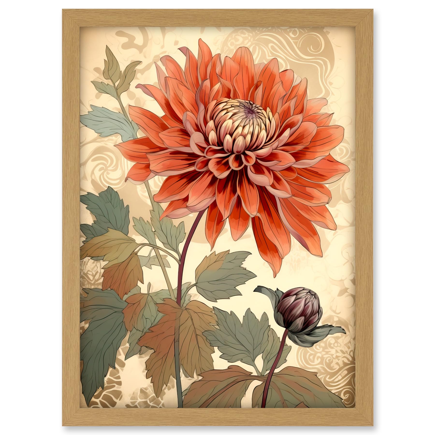 Artery8 Pastel Colour Orange Dahlia Flower with Patterns Artwork Framed A3 Wall Art Print