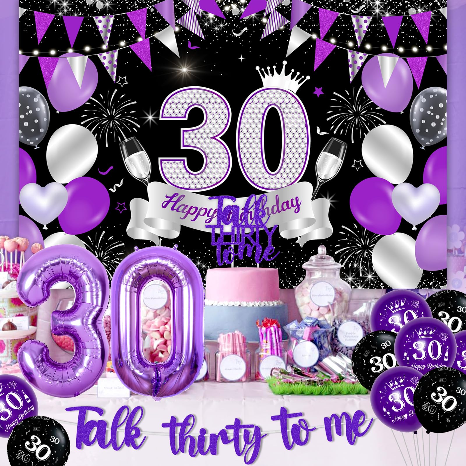 Talk Thirty to Me dekoracje urodzinowe 30. urodziny dekoracje fioletowe dla kobiet z banerem Talk Thirty to Me ozdoba na ciasto 30. urodziny tło 30 i bajeczna szarfa na zabawne 30. urodziny