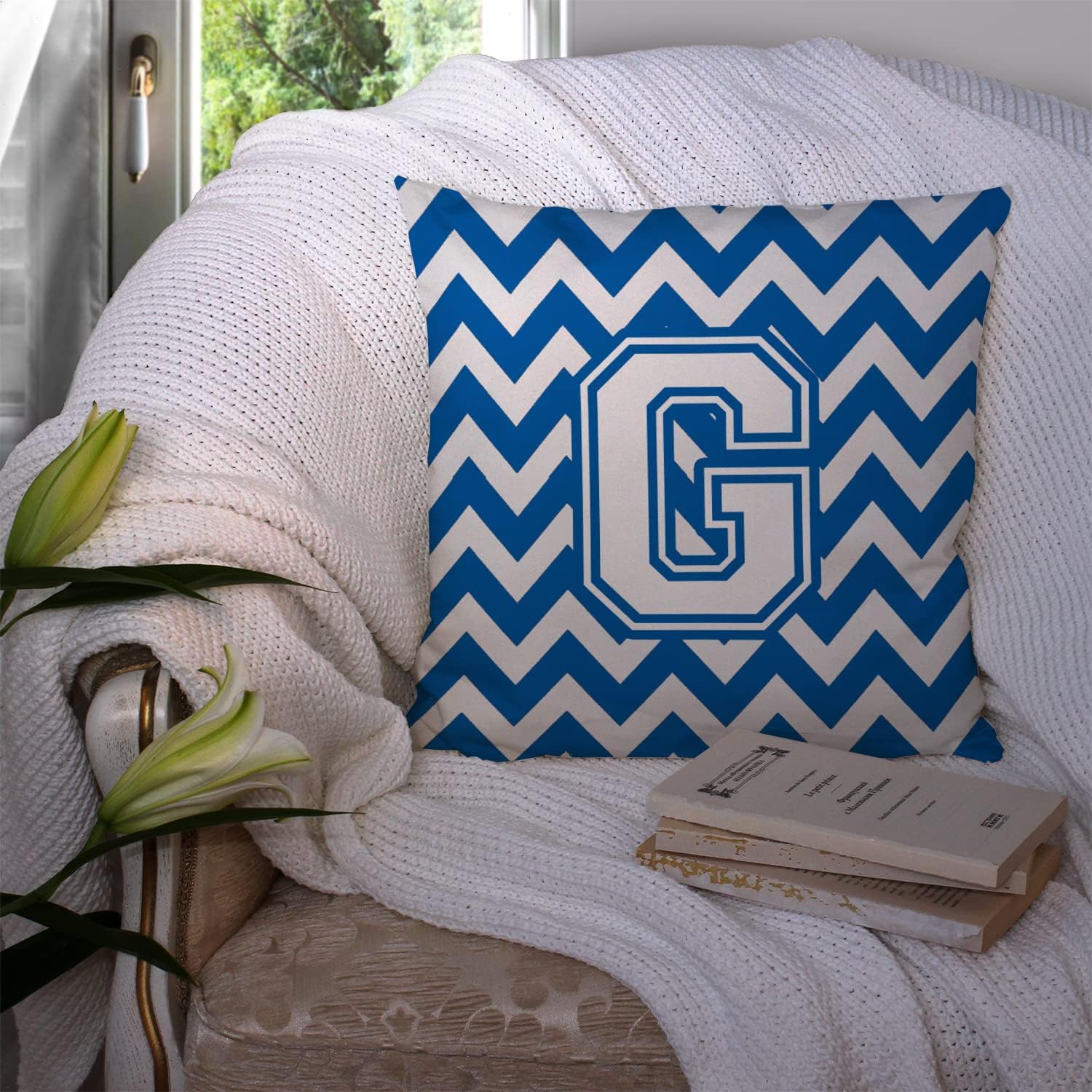 Caroline's Treasures CJ1045-GPW1414 Letter G Chevron Blue and White Fabric Decorative Pillow Machine Washable, Indoor Outdoor Decorative Pillow for Couch, Bed or Patio, 14Hx14W