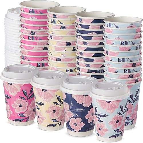 ROYAL BLUEBONNET 48 tazas de café de papel floral con tapas, bonitas tazas de café desechables de 12 onzas con tapas, taza de té para llevar, tazas
