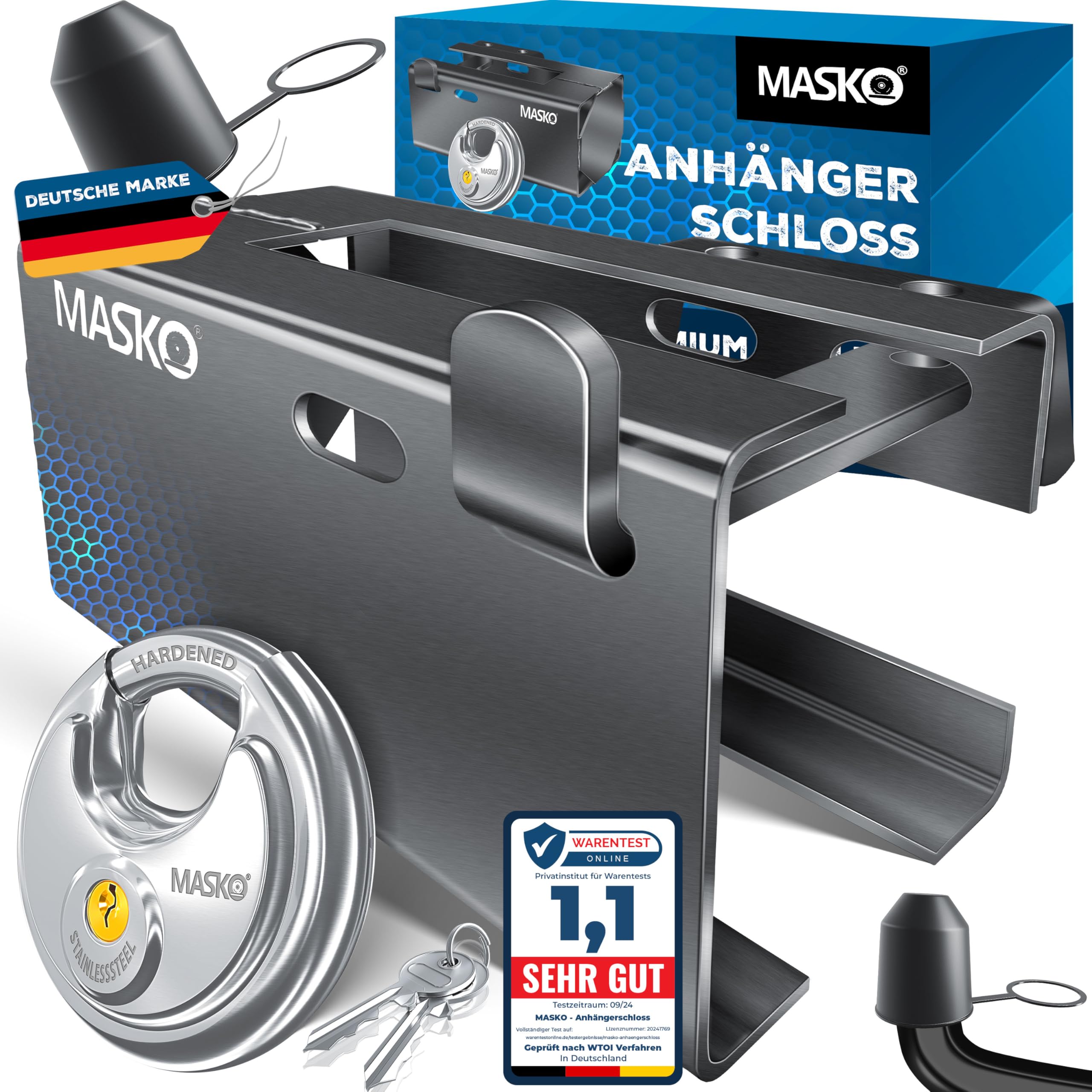 MASKO® Serratura per Rimorchio Con Sistema a Innesto - Agganciato e Sganciato, Protezione Antifurto, incl. Serratura a Disco, Chiave e Cappuccio di Protezione, Antracite