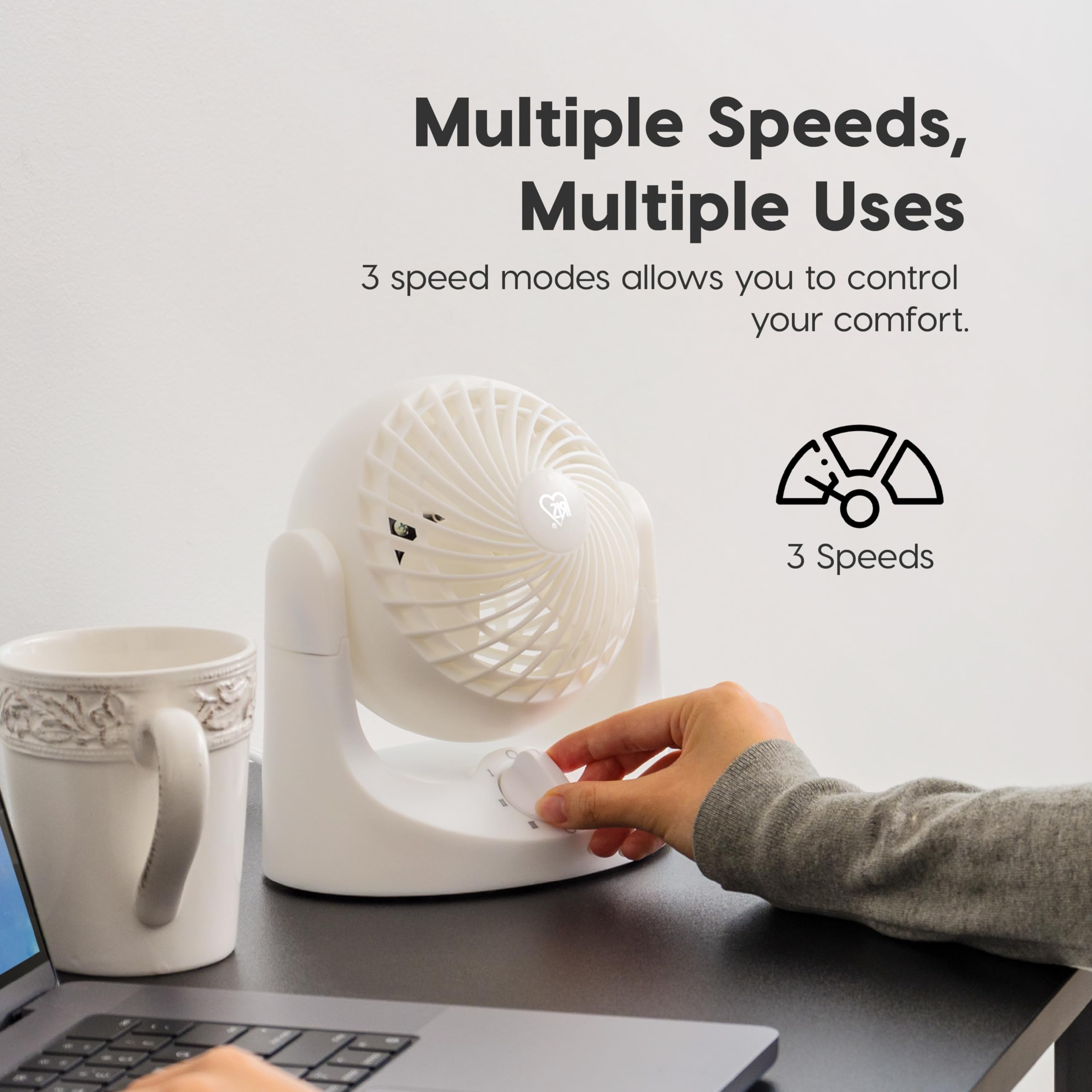 Iris Ohyama Woozoo Ventilatore da tavolo, 7,4 m³/min, inclinazione verticale 110°, bianco, 3 velocità, silenzioso, ideale per camera da letto, cucina, raffreddamento ad aria, potente, made in Francia