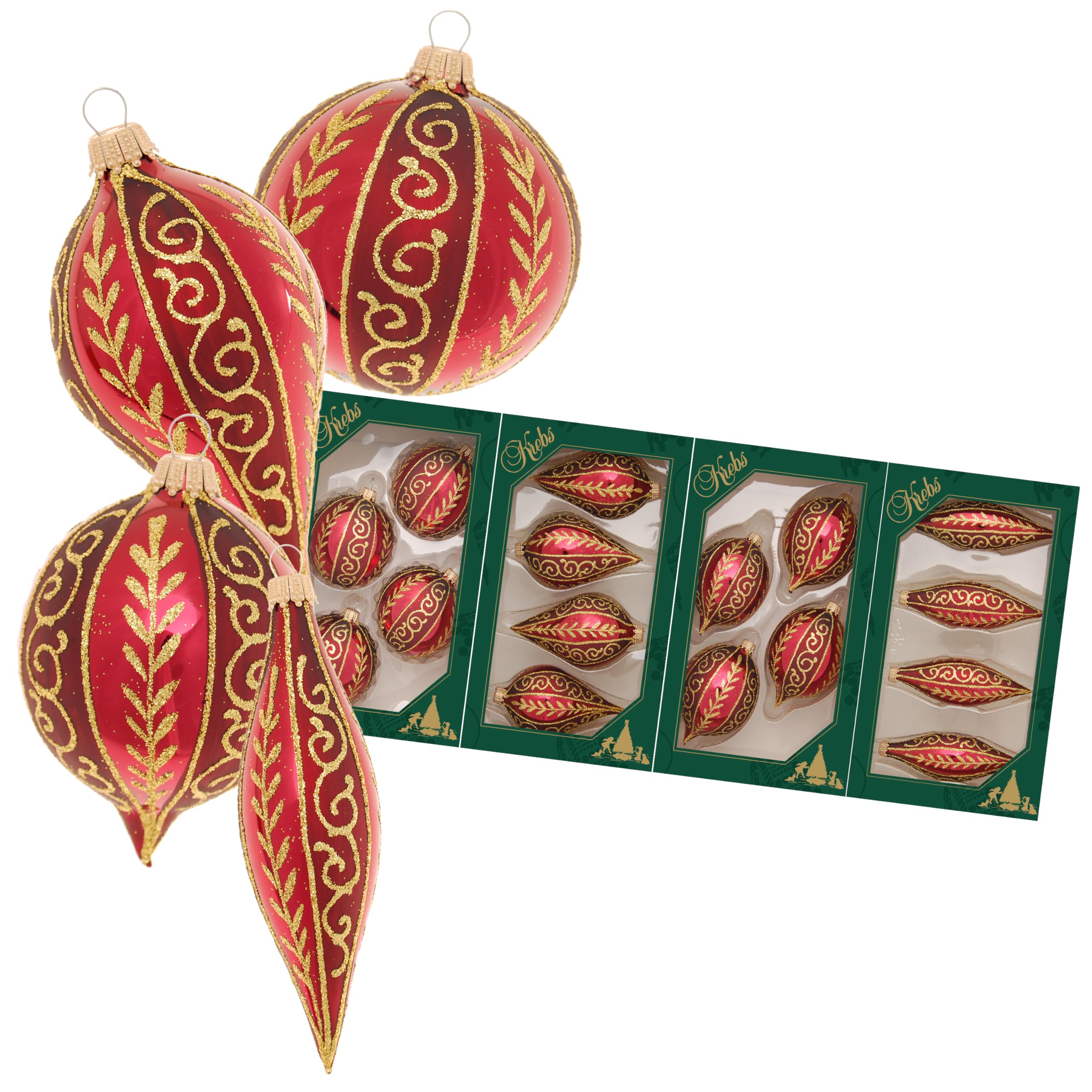Krebs Glas Lauscha - Décoration de Noël/décorations de Noël en verre - Lot de 4 boîtes de 4 pendentifs pour sapin de Noël - Motif : feuilles et tourbillons bordeaux - Dimensions : environ 10 cm