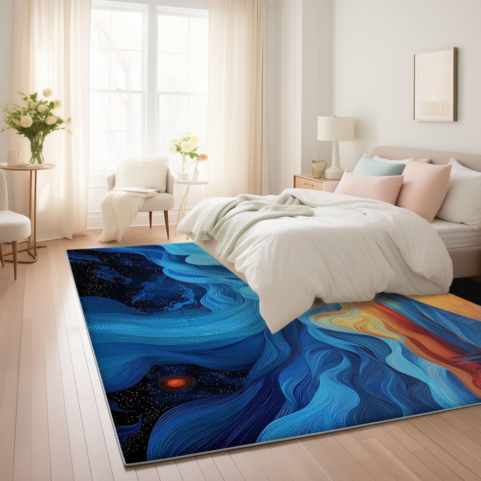 Abstrakcyjny dywan z zachodem słońca gwiaździste niebo 120 x 170 cm - Wycieraczka do drzwi do wnętrz i na zewnątrz Dywan ciemnoniebieski antypoślizgowy i pyłoszczelny wodoodporny dywan wejściowy