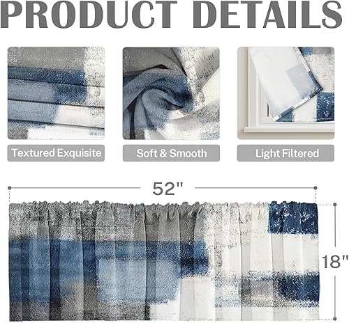 Miniatura 3 de Emvency Paquete de 2 cenefas para ventana, cortinas opacas de arte abstracto azul y gris, cortinas opacas ajustables para ventanas, sala de estar,