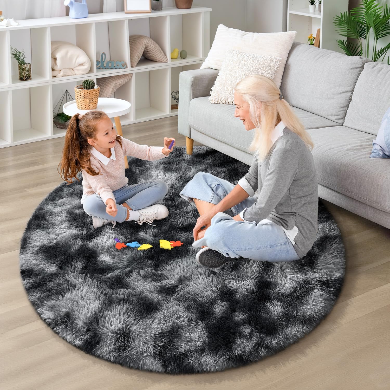 EVOIONOS ‌Tie-Dye Dark Grey Round Rug for Bedroom, 4x4 Ft Fluffy Soft Circle Area Rugs for Living Room, Plush Shaggy Circular Carpet for Indoor Floor Bedside Kids Nursery, Home Decor Aesthetic
