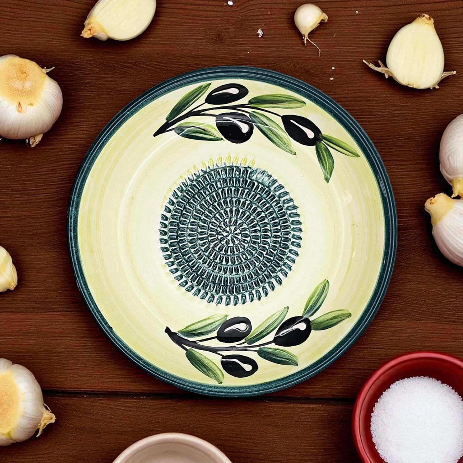Ceramic Grater Bowl, Garlice Grater Plate, Handmade Ginger Grater, Mincer Bowl for Cheese &Vegetables, Ceramic Decorative Mincer, Hand Dish for Garlic (Sunny Olives)