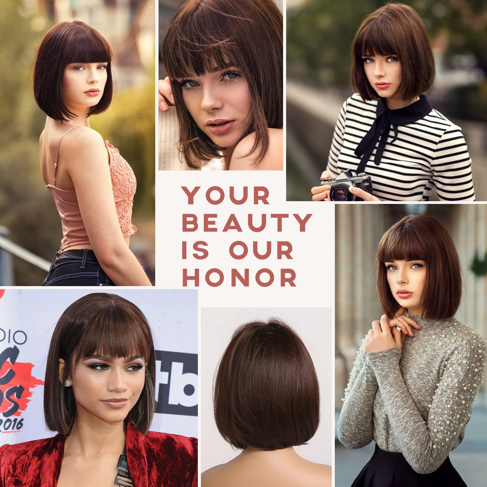 HAIRCUBE Gerade Kurze Charmante Bob mit Bangs Perücken für Frau Natur Hitzebeständige Synthetische Faser Party/Cosplay/Kostüm/Tägliche Perücke (brauner/schwarzer Tee)
