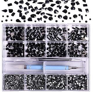 3320Pcs Black Nail Art Rhinestones Crystal,HOINCO 3D Rhinestones Gems Jewels Diamond,24 Types of 320 Diamonds + 3000 Round Beads, Crystals 3D Flat Back Gemstones for Nail DIY Crafts with Tweezers Pen