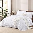 Andency White Ruffle Comforter Full Set, 3pcs Vintage Farmhouse Shabby Chic Bedding Comforter Set, Soft Lightweight Fluffy Bed Comforter Sets All Season Bedding Set