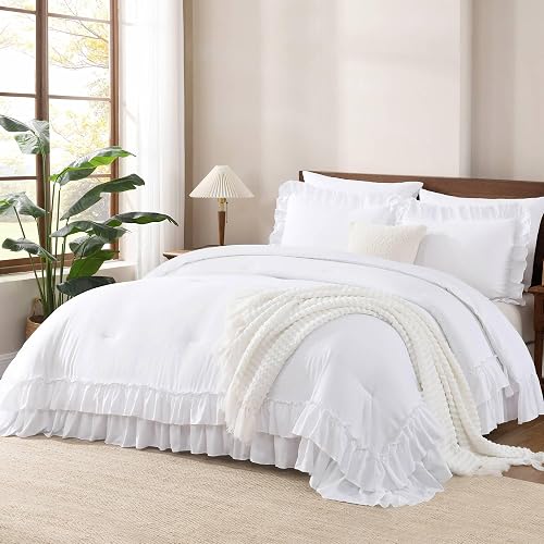Andency White Comforter Set Queen Size, Lightweight Fluffy Farmhouse White Ruffle Bedding Set, Soft Polyester All Season Shabby Chic Bed Comforter Set 3 Pieces(1 Ruffle Comforter 2 Pillowcases)
