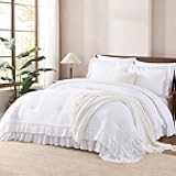 Andency White Ruffle Comforter Full Set, 3pcs Vintage Farmhouse Shabby Chic Bedding Comforter Set, Soft Lightweight Fluffy Bed Comforter Sets All Season Bedding Set