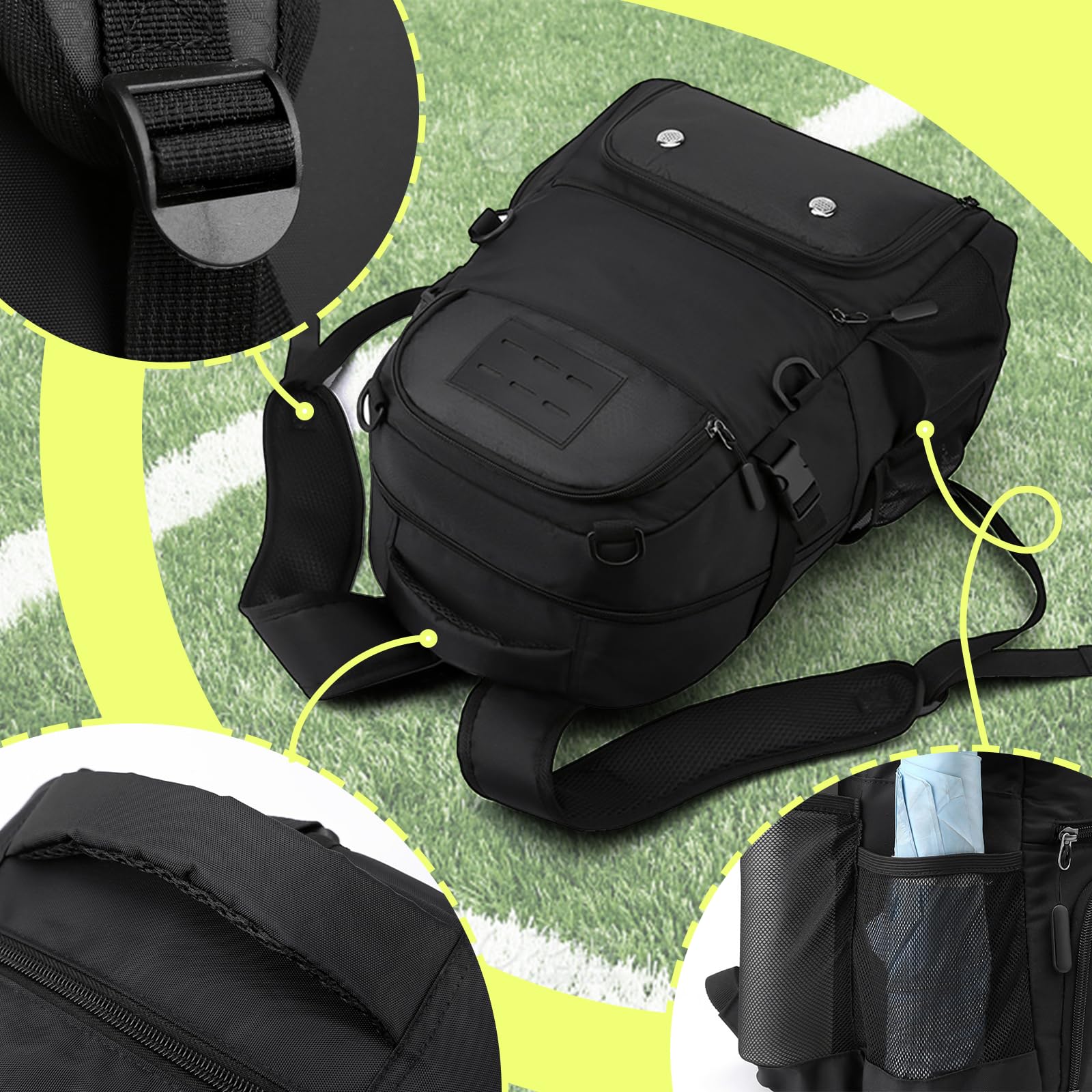 Sac à Dos de Basket-Ball, Sac à Dos avec Compartiment Ballon, Compartiment Chaussures, Capacité 30L, Léger et Respirant, pour Hommes et Femmes Adolescents, Basketball, Football, Noir