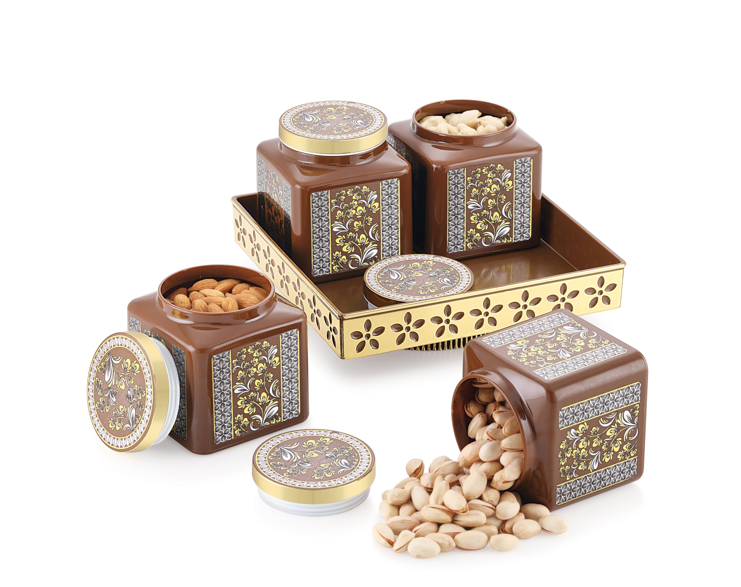 Nabhya Carban 4pc Revolving Airtight Dry Fruit Containers Set With Lid & Serving Tray, Dry Fruit Box for Serving Sweets,Candy, Pickle, Mukhwas, Kitchen Accessories Items (Pack Of 4) (Brown) (B0CKFGM5HC) Amazon Price History, Amazon Price Tracker