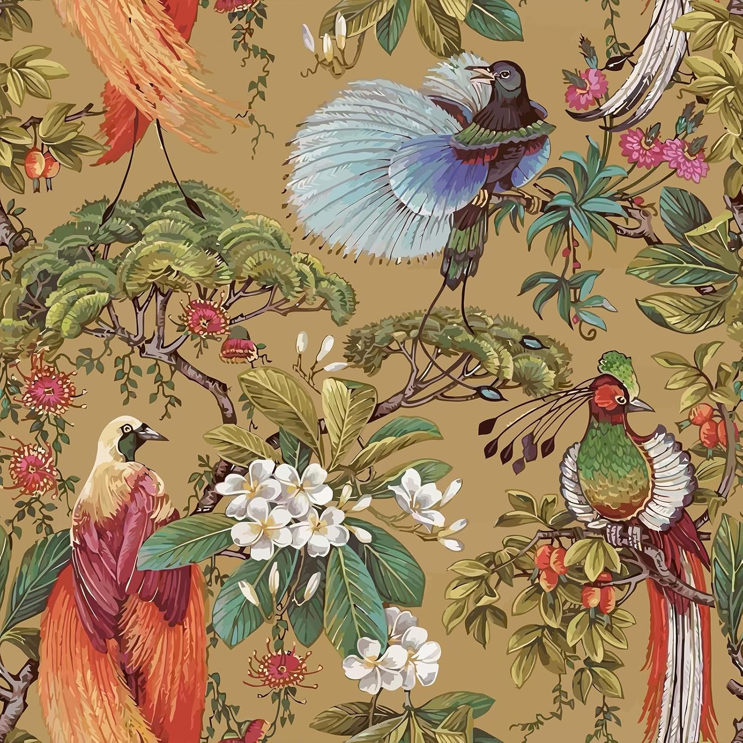 VEELIKE Oriental Ochre Chinoiserie Peel and Stick Wallpaper Vintage Tropical Bird Wallpaper for Bedroom Bathroom Accent Wall 17.7''x354'' Removable Floral Wallpaper Adhesive Contact Paper for Walls