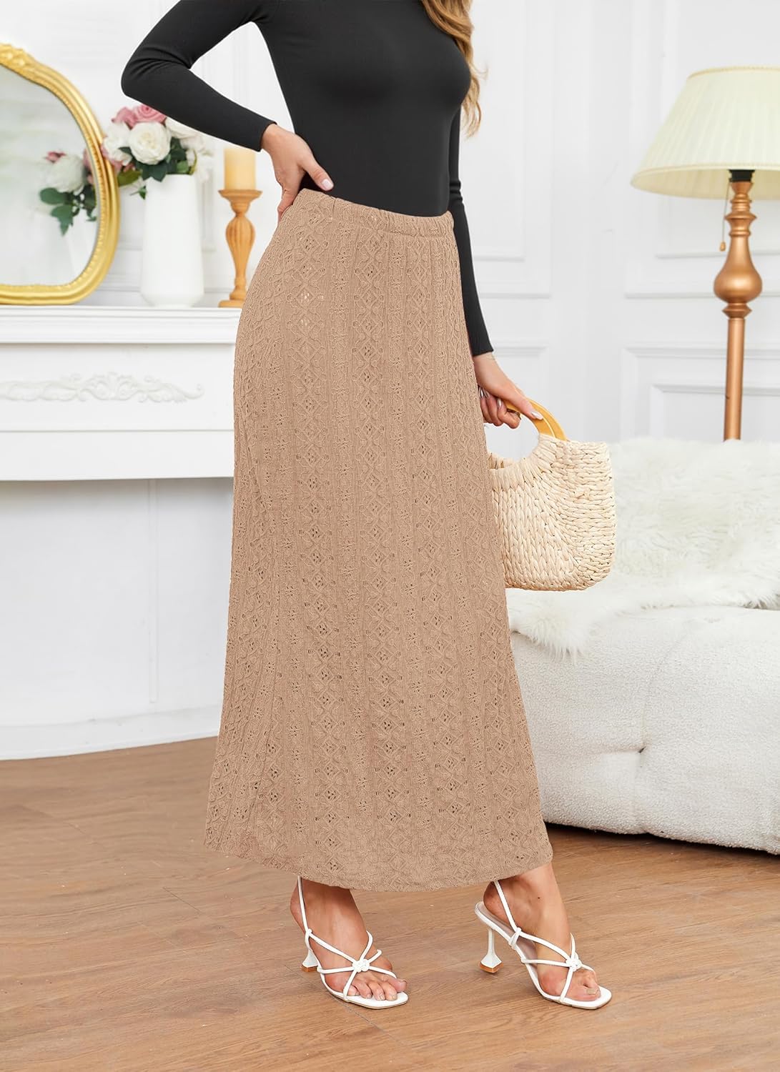 Herou Women Fall Elastic Waist Lace Maxi Skirt Elegant Knitted Eyelet Mermaid Skirt for Women with Underneath - Image 2